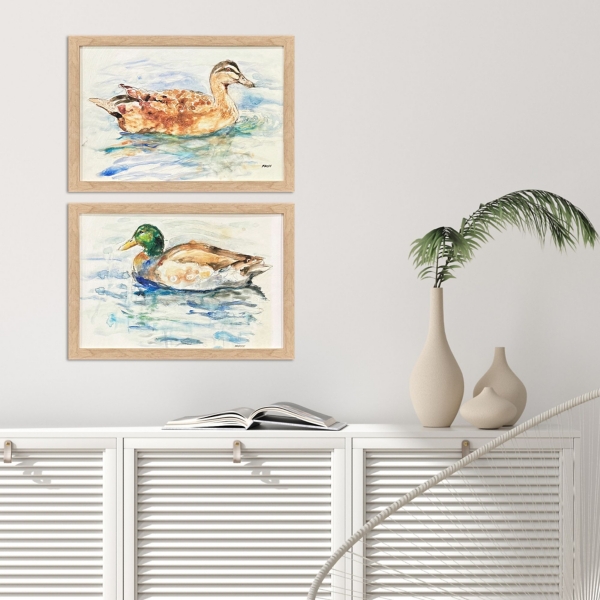 Water Ducks Framed Art Prints, Set of 2