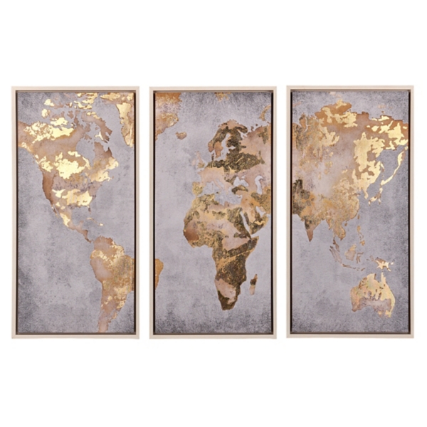 Gold World Map Framed Canvas Art Prints, Set of 3