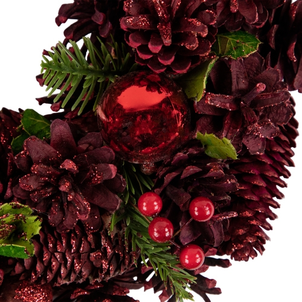 Red Glitter Pinecone and Ornament Wreath