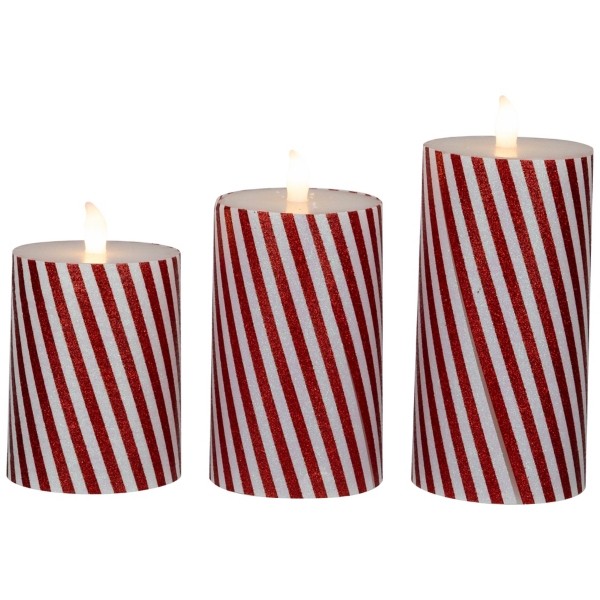 LED Flickering Candy Cane Pillar Candles, Set of 3