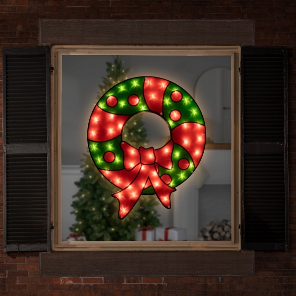 LED Green & Red Wreath Window Silhouette