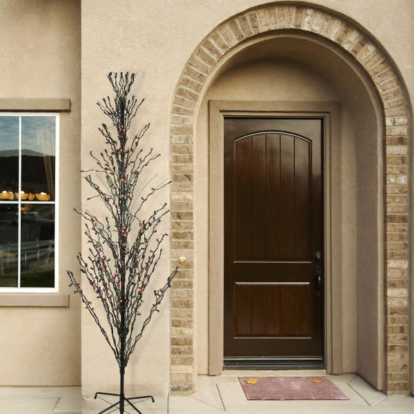 Pre-Lit Black Twig Tree with Orange Lights, 6 ft.