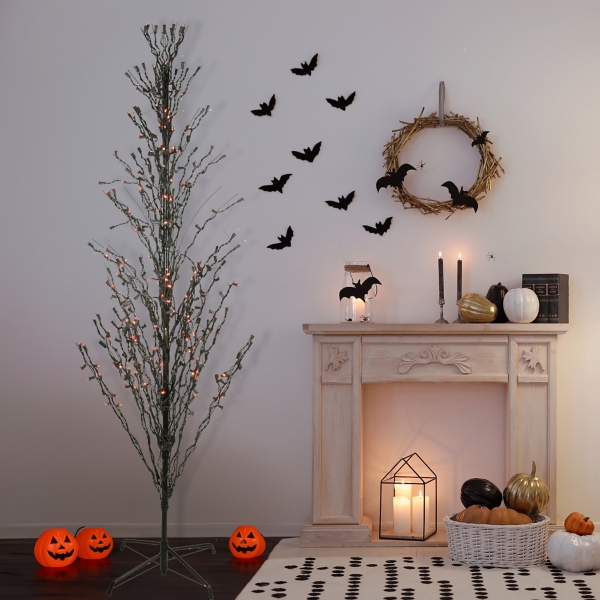 Pre-Lit Black Twig Tree with Orange Lights, 6 ft.
