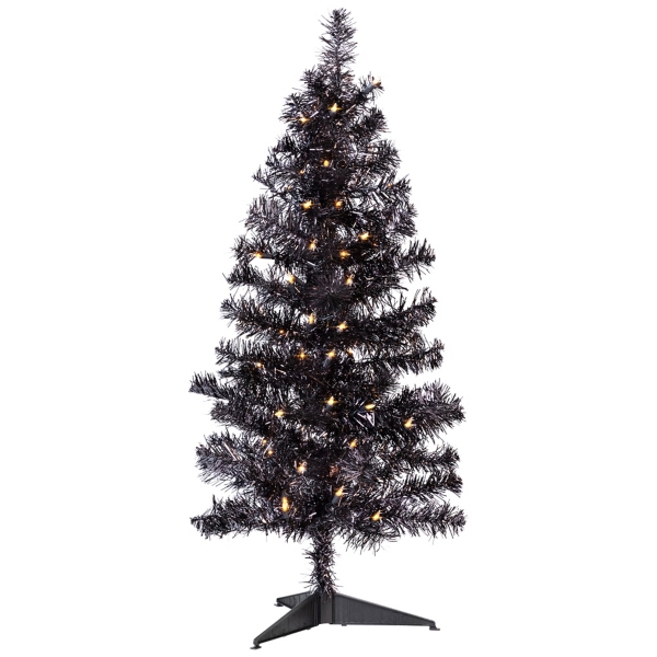 Pre-Lit Black Tinsel Halloween Tree, 3 ft.