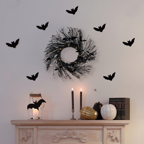 Pre-Lit Black Twig Wreath with Bats