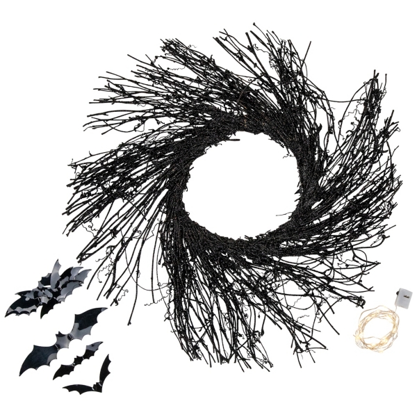 Pre-Lit Black Twig Wreath with Bats