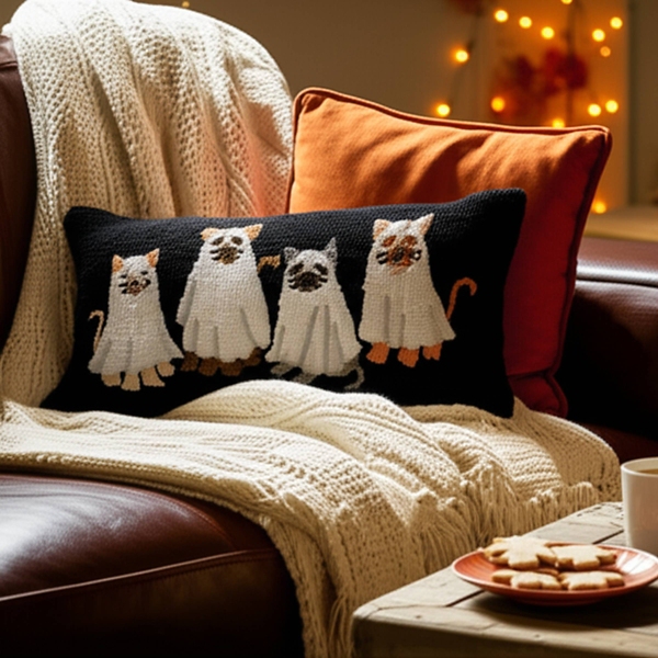 Ghost Cats Halloween Hooked Pillow