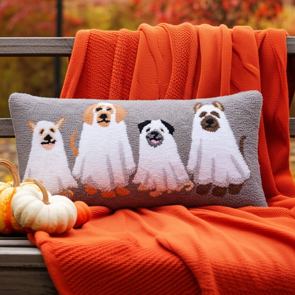 Ghost Dogs Halloween Hooked Pillow
