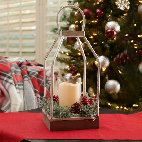 LED Pine and Berry Metal Lantern