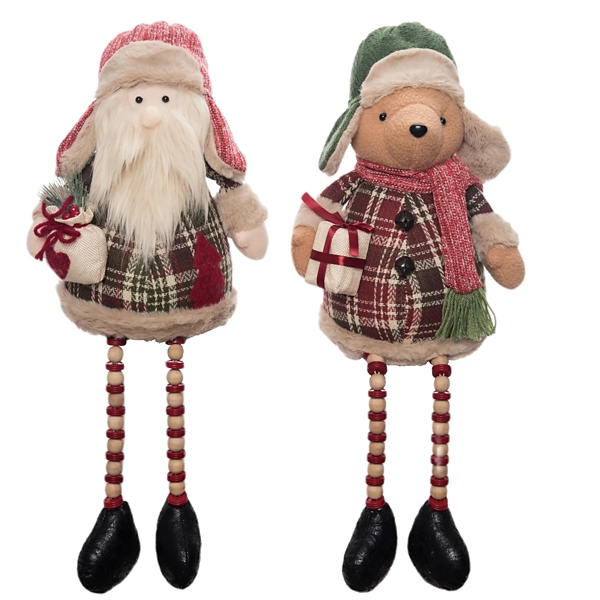 Plush Plaid Santa and Bear Shelf Sitters, Set of 2