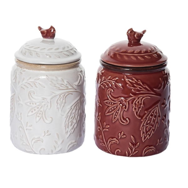 Red & White Embossed Cardinal Canisters, Set of 2