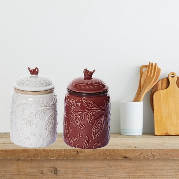 Red & White Embossed Cardinal Canisters, Set of 2