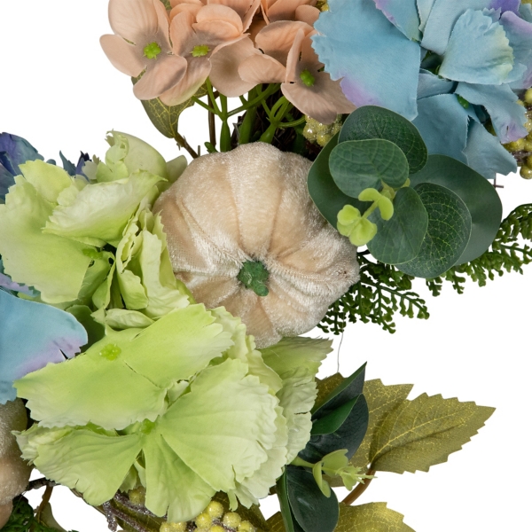 Green and Blue Floral and Gourds Fall Wreath