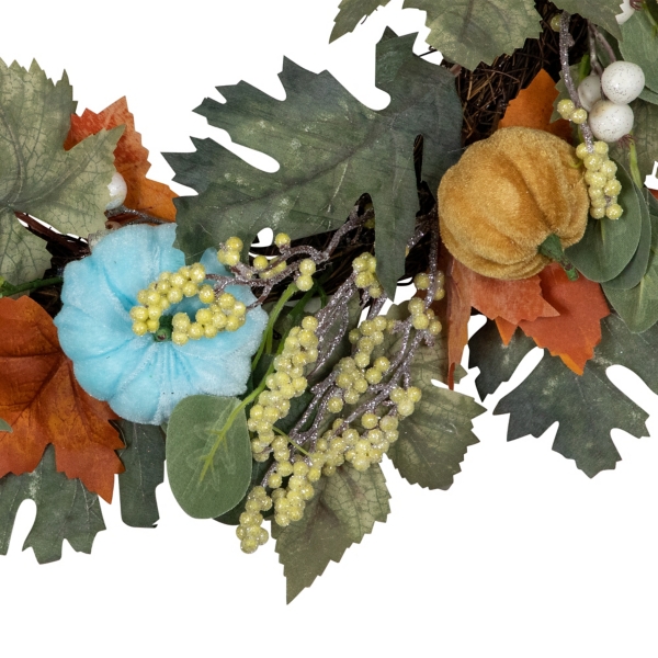 Blue and Orange Foliage and Gourds Fall Wreath