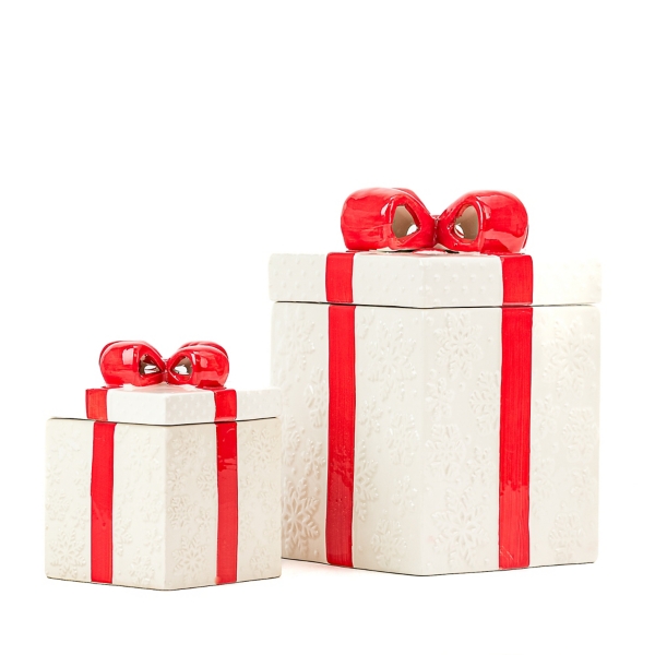 Red Ribbon Gift Box Cookie Jars, Set of 2