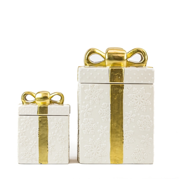 Gold Ribbon Gift Box Cookie Jars, Set of 2