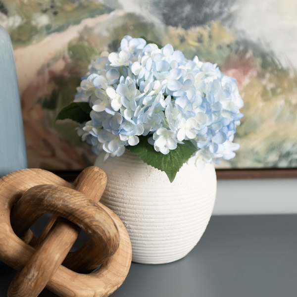 Blue Hydrangea Arrangement in White Vase
