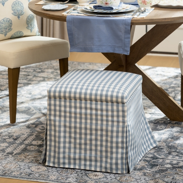 Blue Gingham Skirted Storage Ottoman