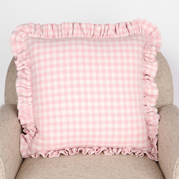 Pink Gingham Cherry Ruffle Pillow