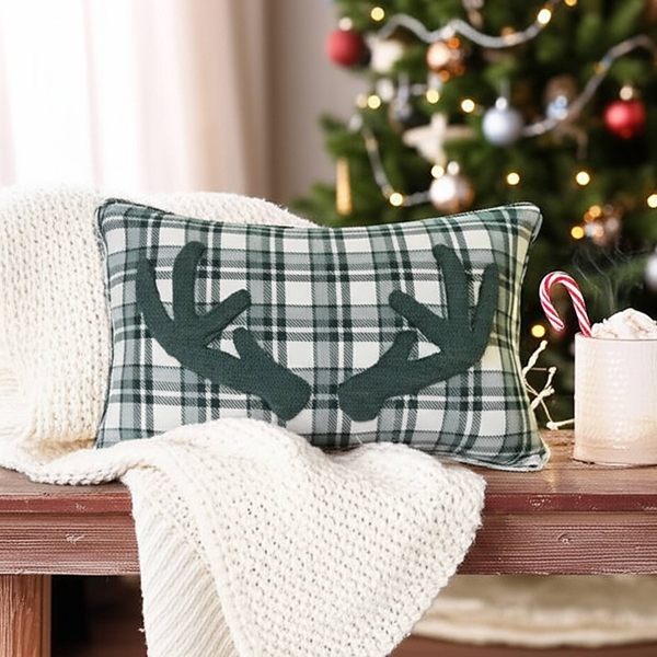 Green Plaid Antlers Lumbar Pillow