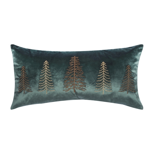 Green Velvet Beaded Trees Christmas Pillow