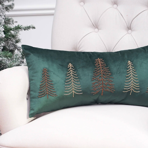 Green Velvet Beaded Trees Christmas Pillow