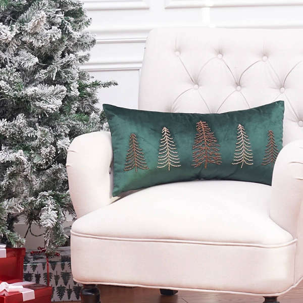 Green Velvet Beaded Trees Christmas Pillow