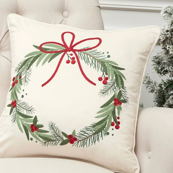 Embroidered Christmas Wreath Red Bow Pillow