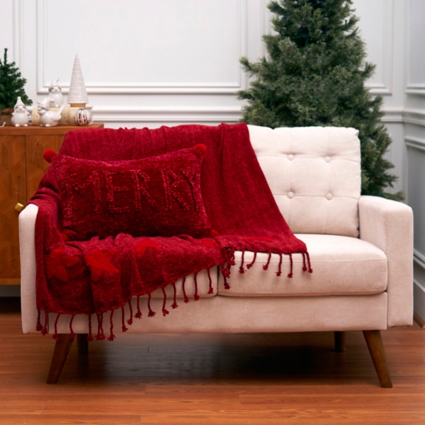 Red Chenille Merry Christmas Pillow