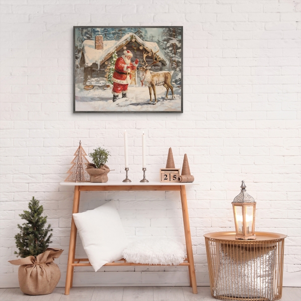 Santa with Reindeer Framed Canvas Art Print