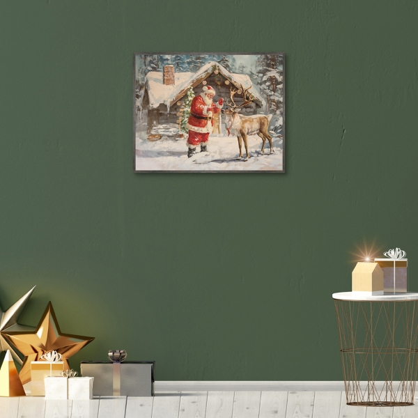 Santa with Reindeer Framed Canvas Art Print