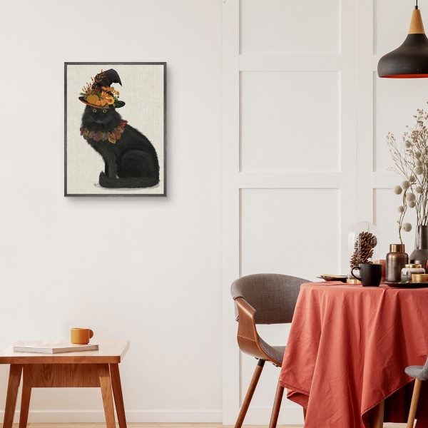 Black Cat with Autumn Hat Framed Canvas Art Print
