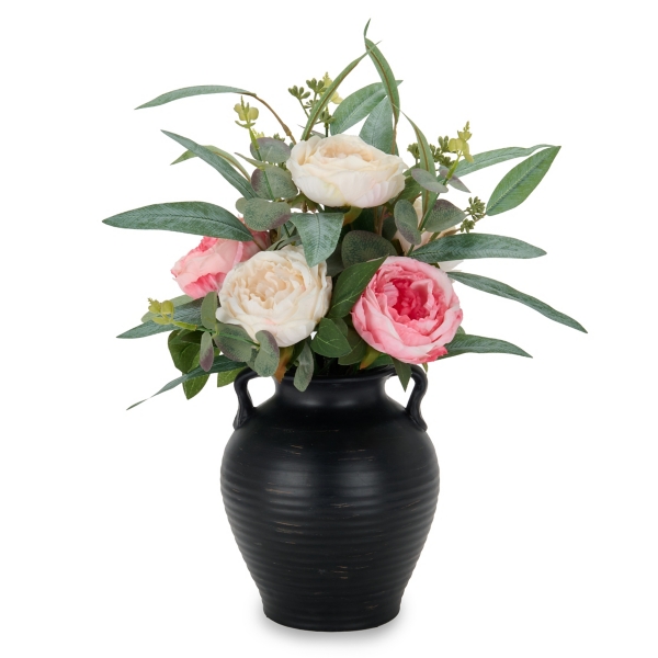 Peonies Eucalyptus Arrangement in Black Vase