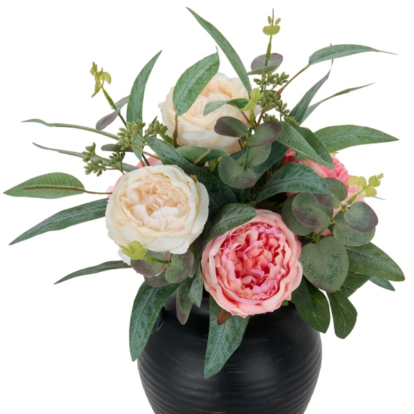 Peonies Eucalyptus Arrangement in Black Vase