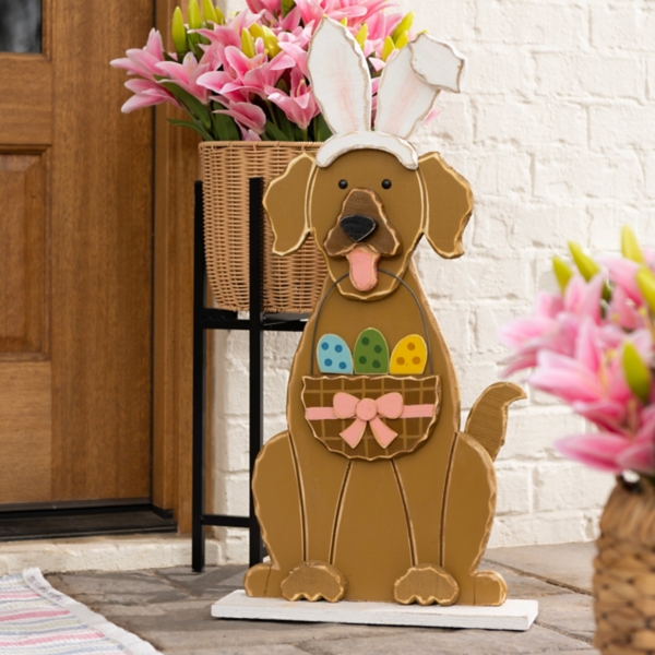 Wooden Dog with Bunny Ears Easter Porch Statue
