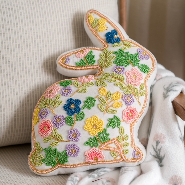 Beaded Floral Bunny Shaped Pillow