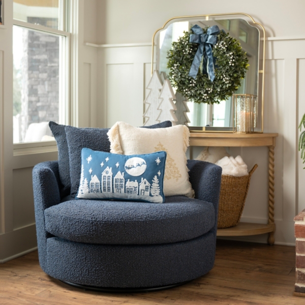 Round Navy Blue Boucle Swivel Accent Chair