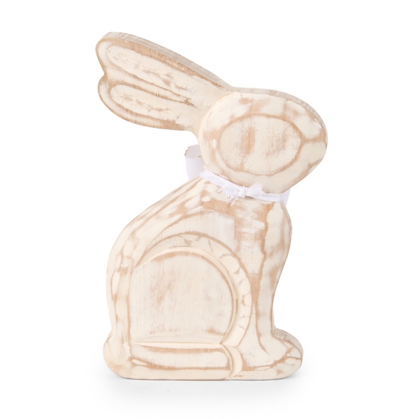 Wooden Bunny Statue with Bow, 10 in.