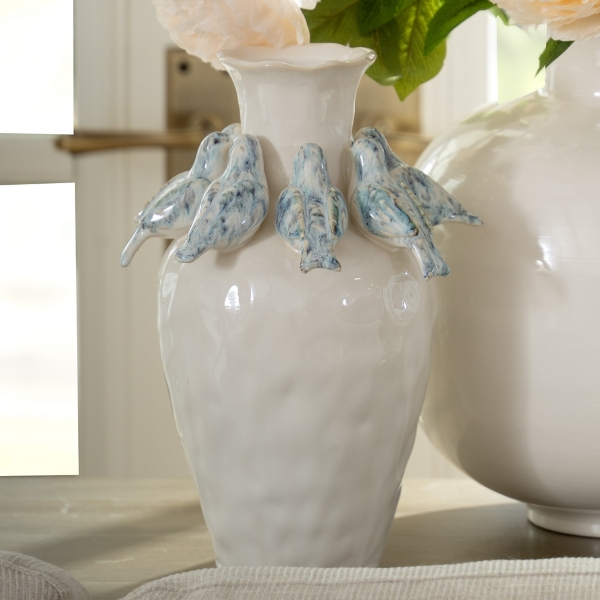 Cream Ceramic Vase with Blue Birds