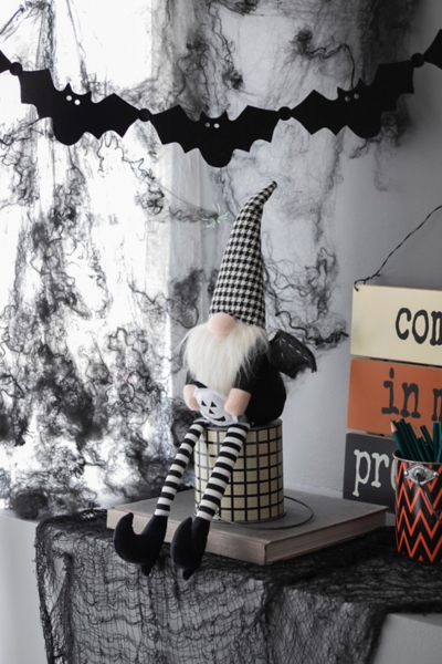 Black & White Halloween Gnome with Bat Wings