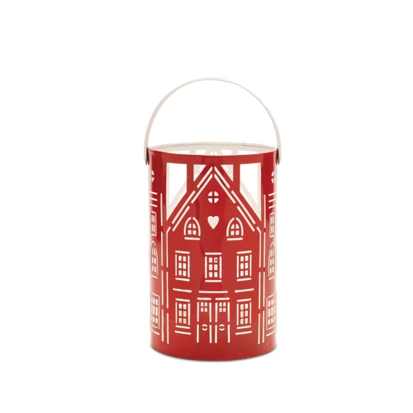Red Metal House Christmas Lanterns, Set of 2