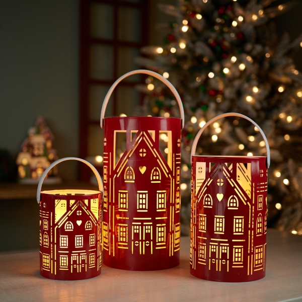 Red Metal House Christmas Lanterns, Set of 2