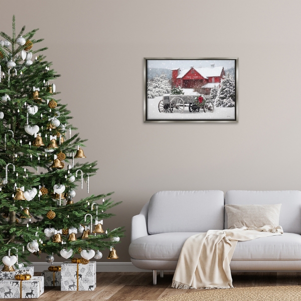 Winter Wagon and Barn Framed Canvas Art Print
