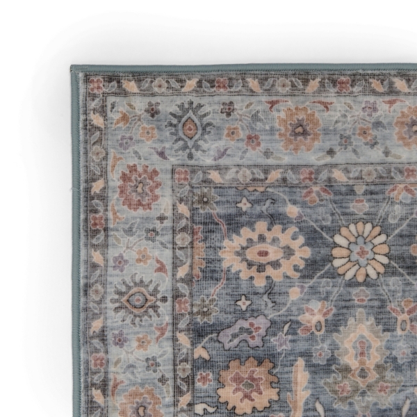 Blue Kat Floral Washable Runner, 2x7