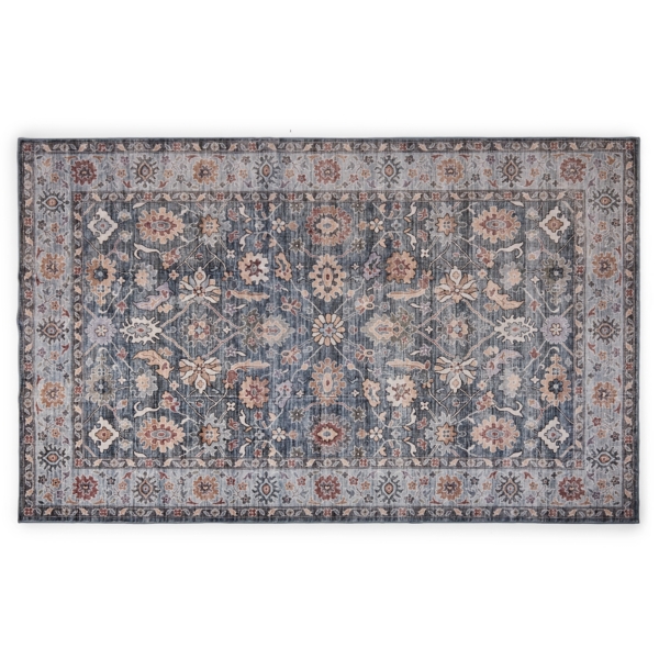 Blue Kat Floral Washable Area Rug, 5x8