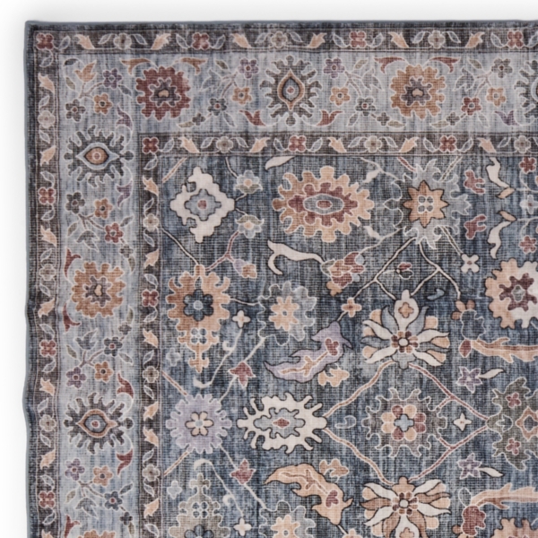 Blue Kat Floral Washable Area Rug, 5x8