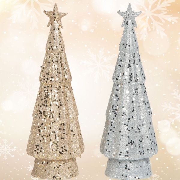 LED Gold and Silver Tree Figurines, Set of 2