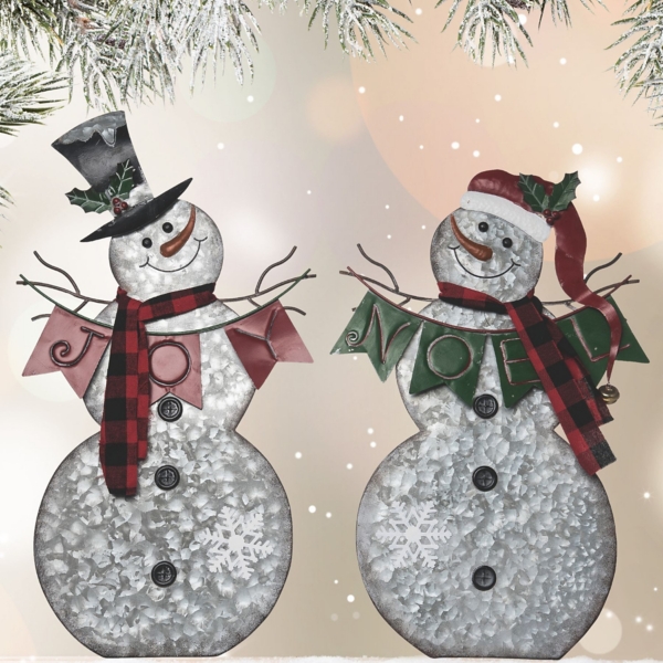 Metal Snowman Figurines with Banners, Set of 2