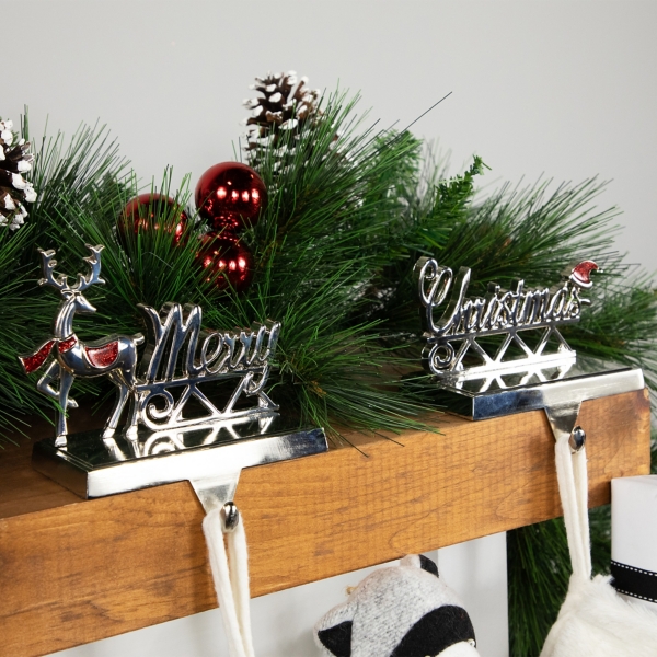 Silver Merry Christmas Stocking Holders, Set of 2
