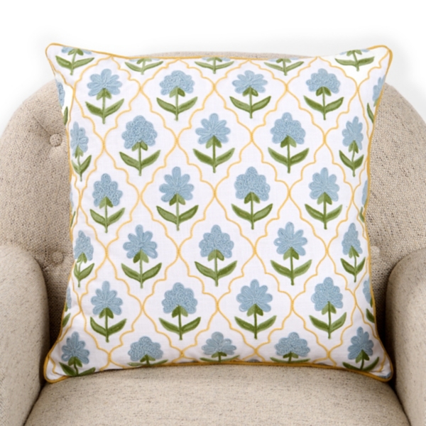 Blue Crewel Floral Quatrefoil Pillow